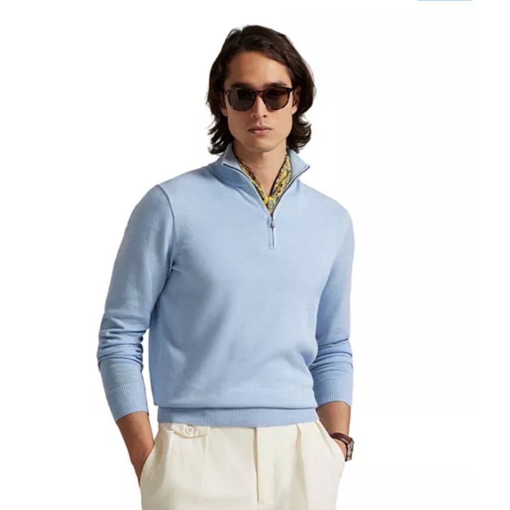 Faconnable Mens Light Blue 3/4 Zip Sweater Golf Preppy Old Money Fine Knit M